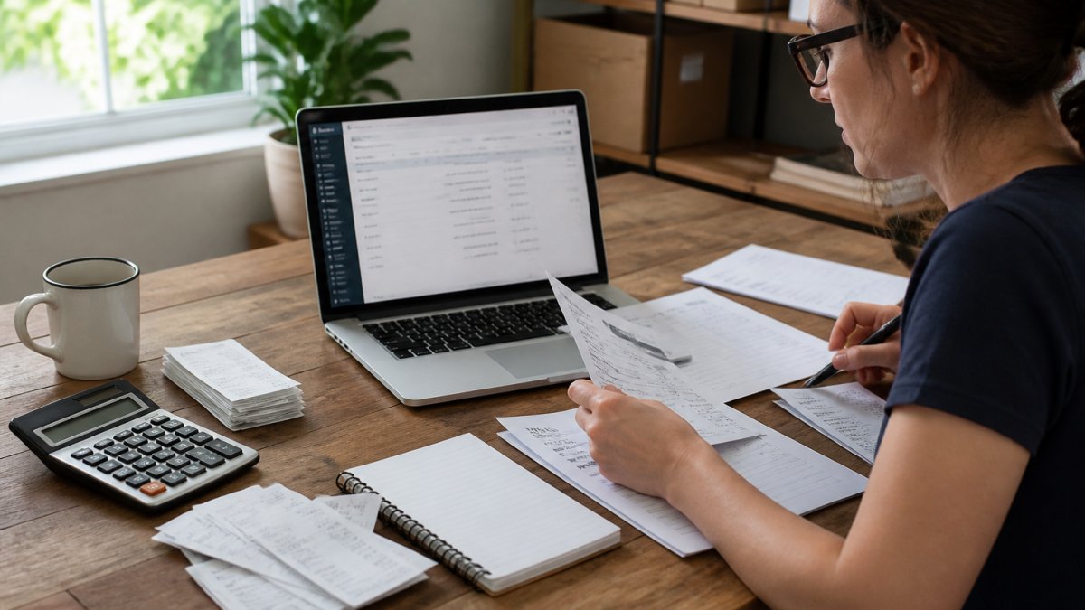 Infographic showing 10 bookkeeping checklist items for small business, featuring organized financial documents.