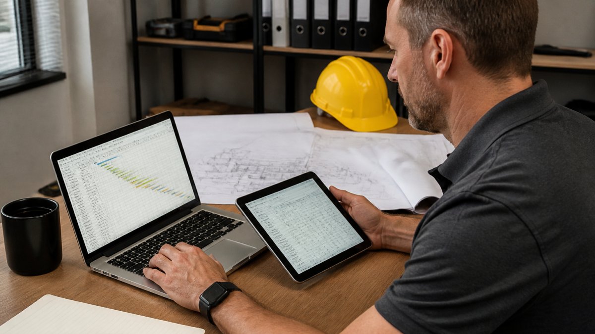 Contractor at desk with laptop and tablet, reviewing project schedule on one screen and accounting data on another, organized workspace with construction blueprints visible