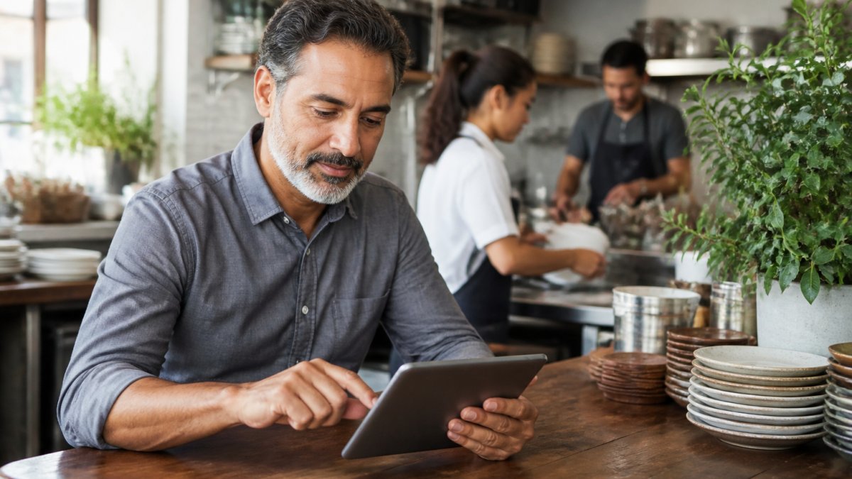 Small business owner reviewing financial reports on a tablet using cloud-based bookkeeping in a restaurant