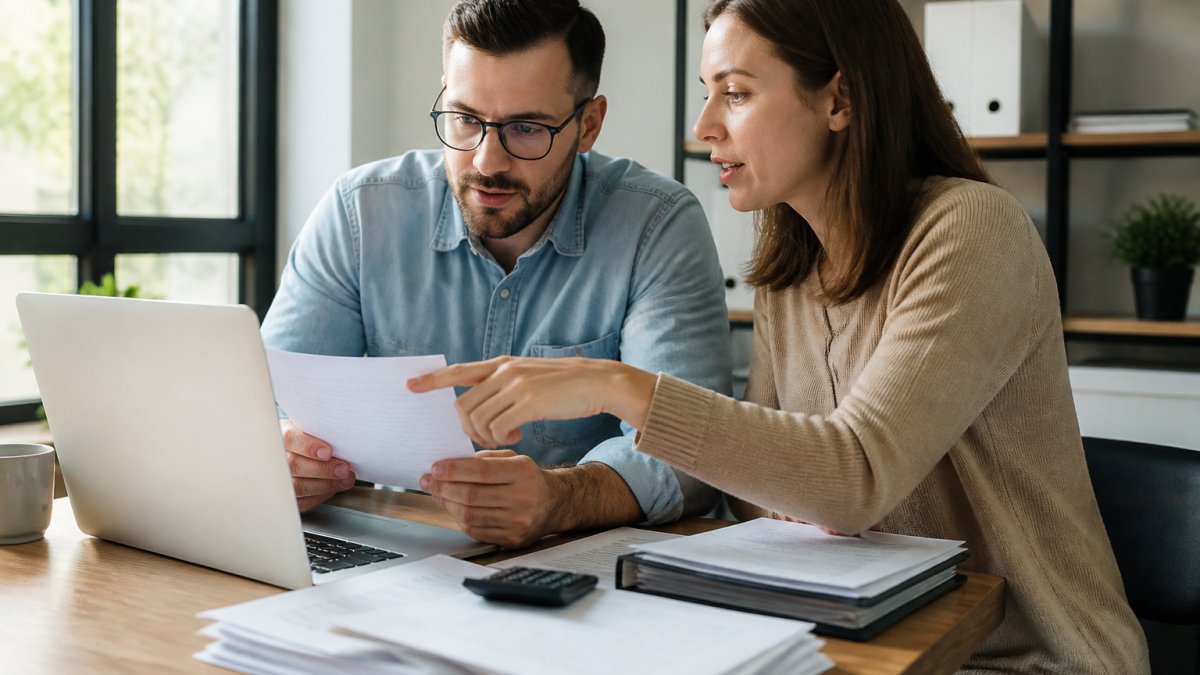 Two business partners reviewing financial documents for bank reconciliation multiple owners in a bright office.