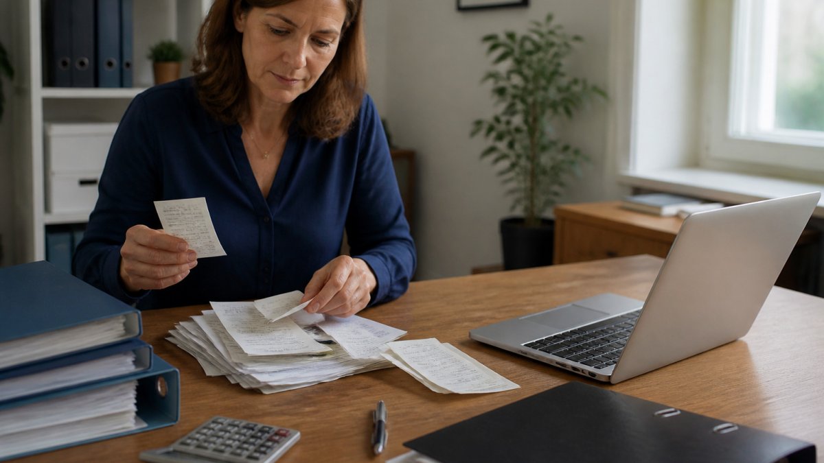 Small business owner organizing paper receipts and digital document storage on a laptop at a clean home office desk