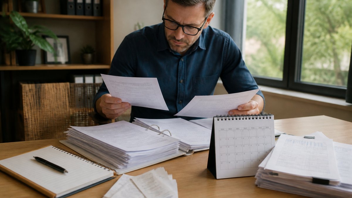 Small business owner at desk organizing financial documents, receipts, and bills with a calendar and notebook visible, natural office lighting