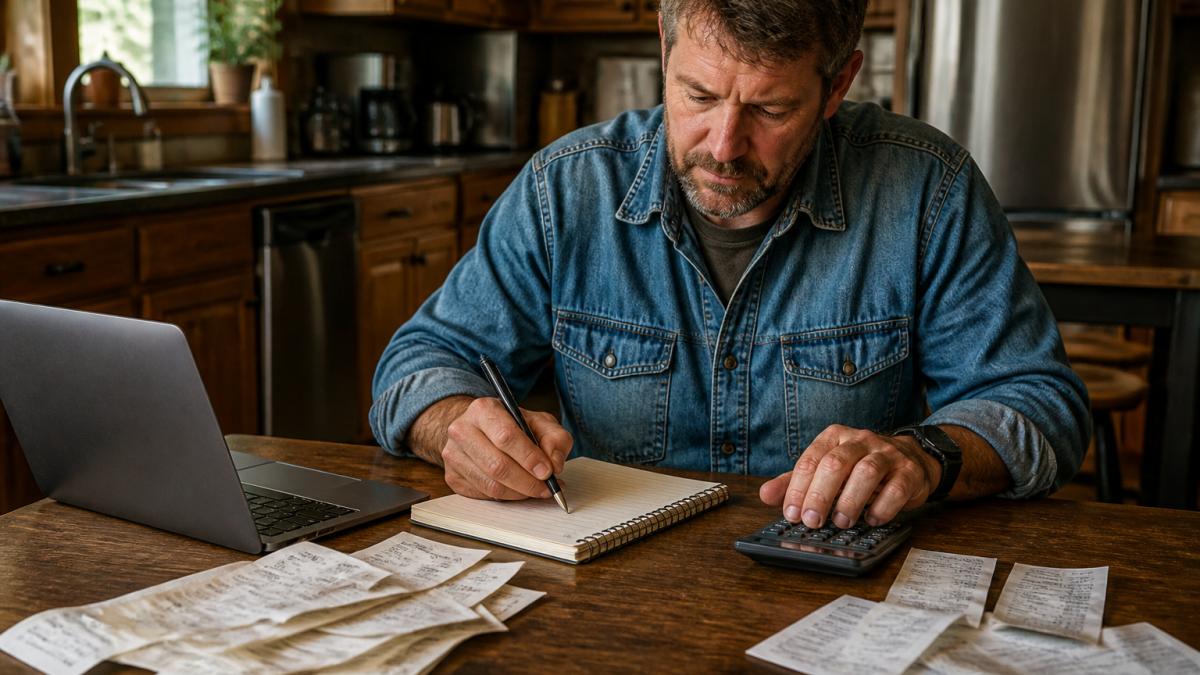 Step-by-step infographic showing a farmer calculating farm equipment depreciation using receipts and a laptop.
