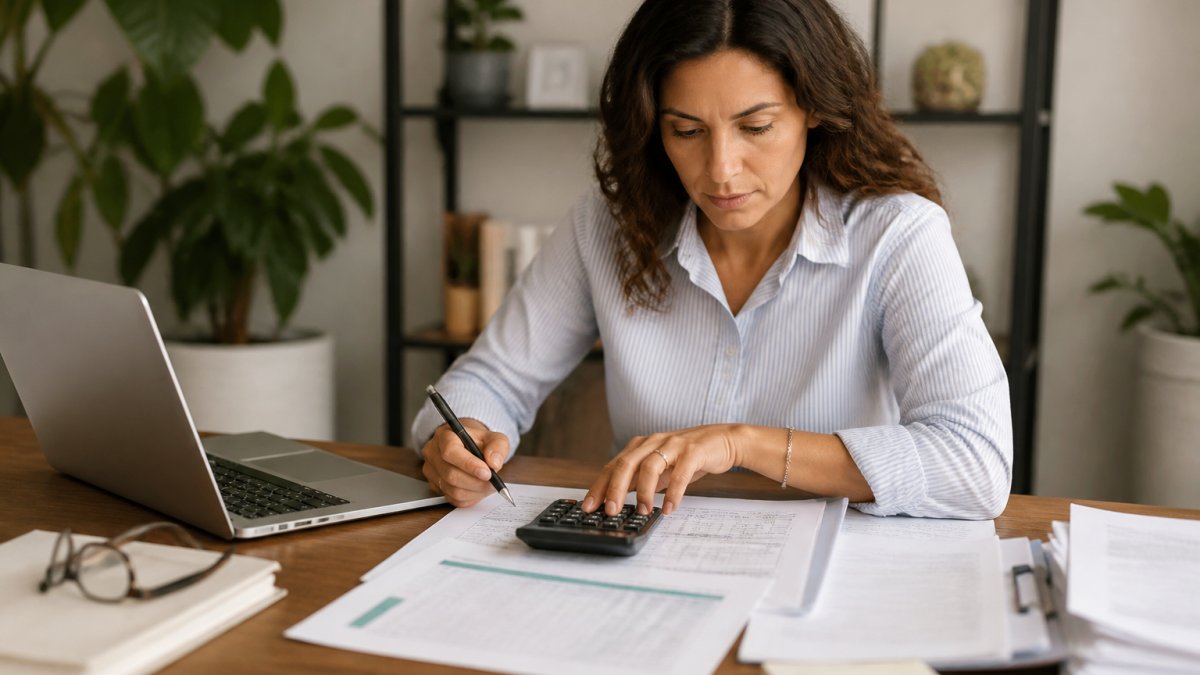 Small business owner at desk with laptop, calculator, and financial documents, reviewing cash flow spreadsheet with focused expression