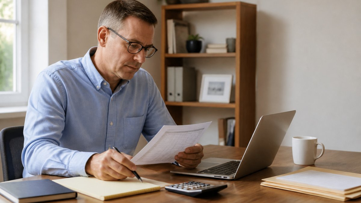 Small business owner reviewing a seasonal cash flow worksheet and laptop spreadsheet at a tidy desk