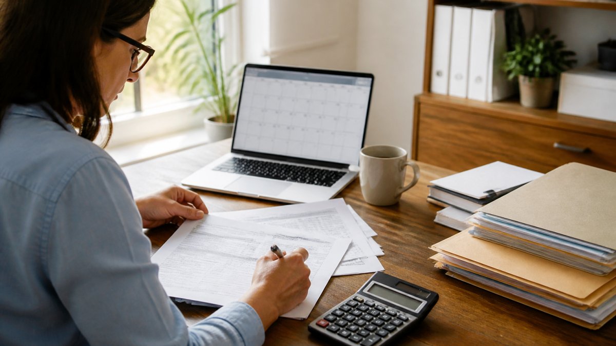 A small business owner at a tidy wooden desk reviewing financial documents beside an open laptop showing a calendar, with organized file folders and a coffee mug, soft morning light through a window
