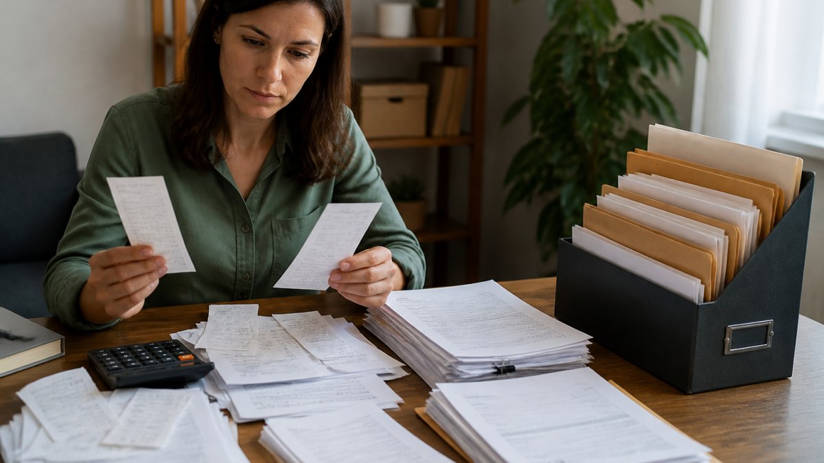 Small business owner organizing receipts, invoices, and financial documents on a desk with a laptop, calculator, and filing organizer
