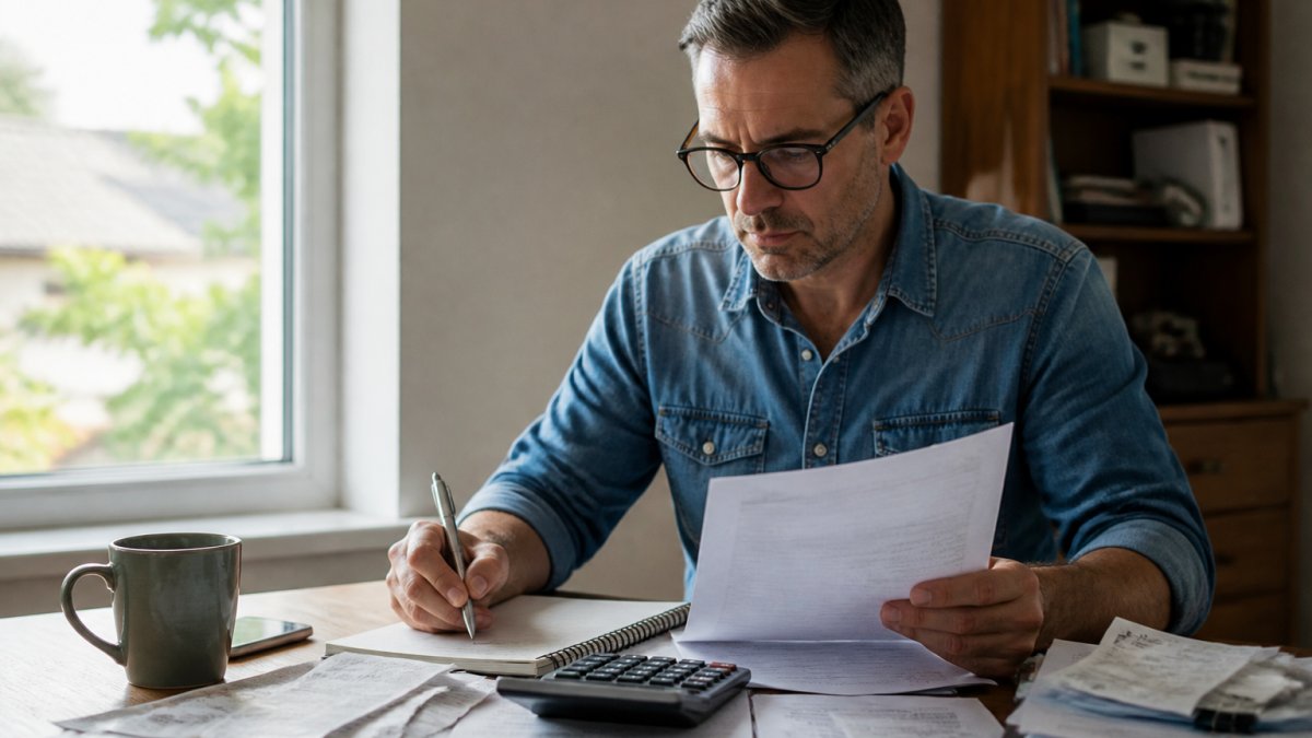 Small business owner reviewing organized financial reports on a laptop with expense receipts and calculator on a desk with natural window lighting