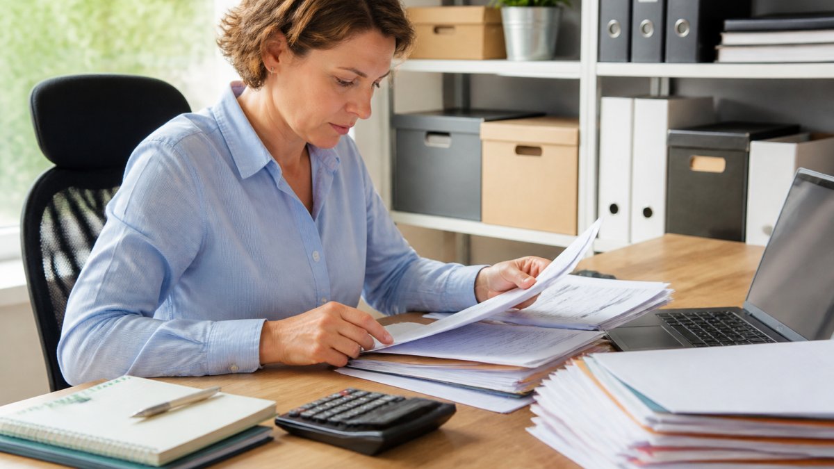 Small business owner reviewing organized financial documents and records at a desk with a laptop, calculator, and filing system in natural office lighting