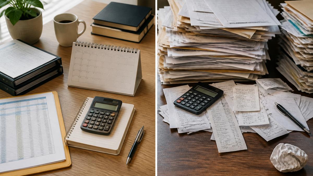 Small business owner reviewing financial statements and tax planning documents at organized desk with calendar, calculator, and file folders in natural office lighting
