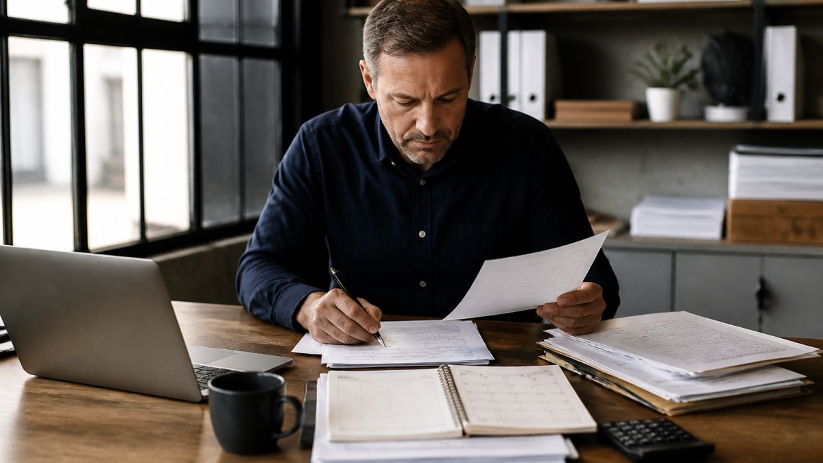 Small business owner at desk reviewing tax documents and calendar with laptop, looking focused and organized while making notes